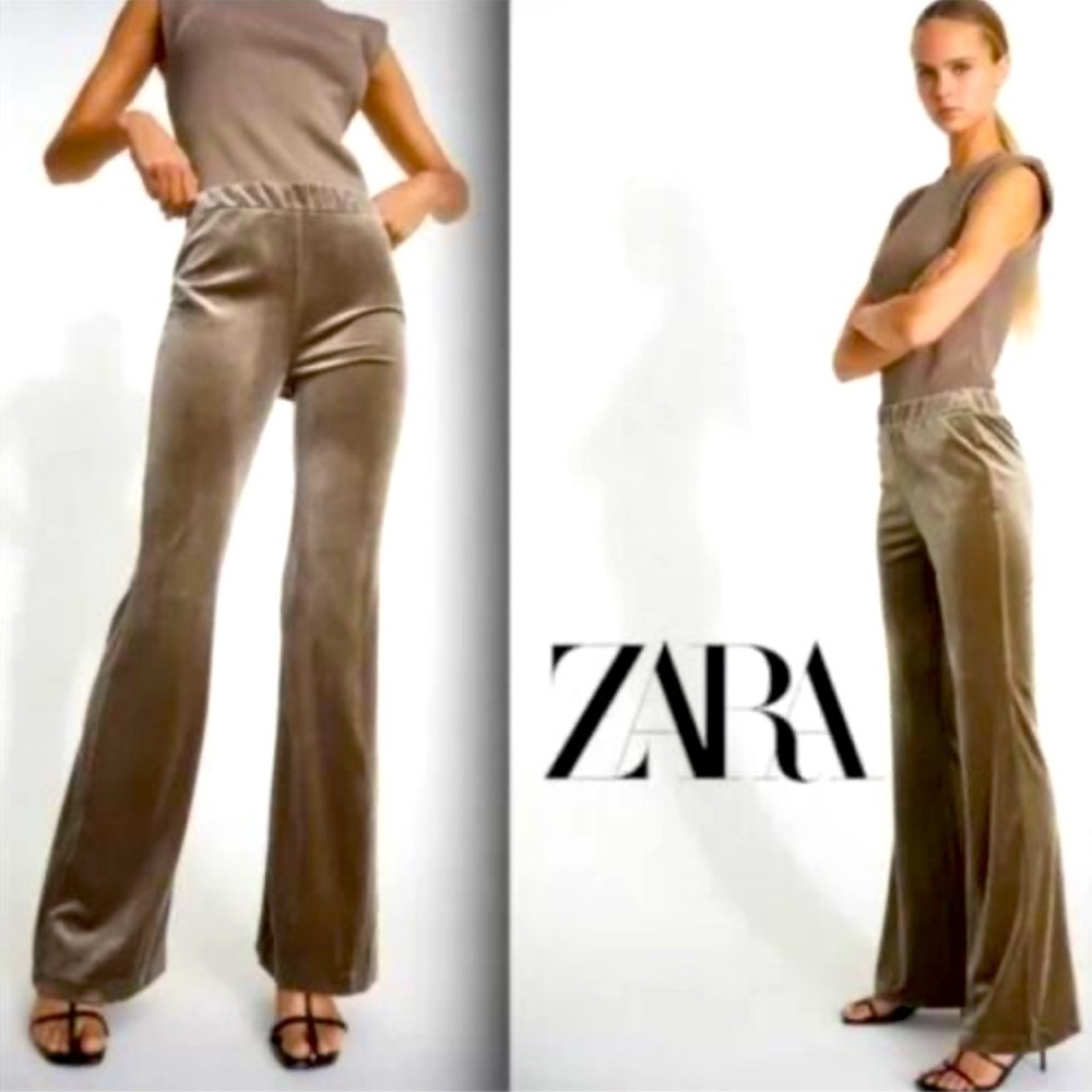 Zara Flared Velvet Tan Pants SZ M